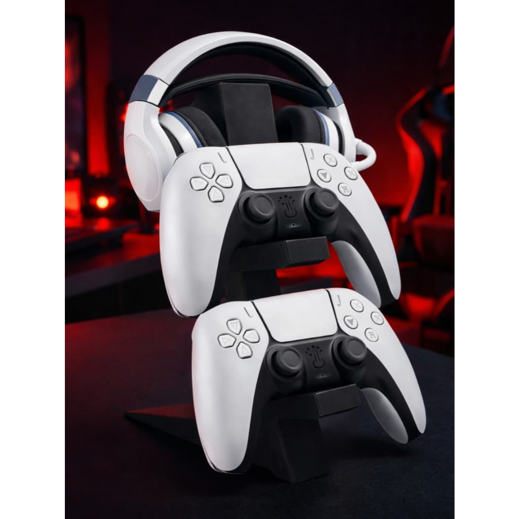 Suporte 2 Controles + Fone/Headset PS3/PS4/PS5 P/ XBOX One X/S Premium Branco e Preto