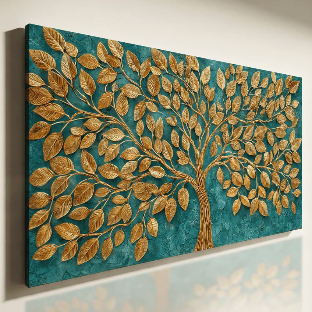 Quadro Decorativo Árvore da Vida Dourada Fundo Verde Luxo Arte Moderna Horizontal