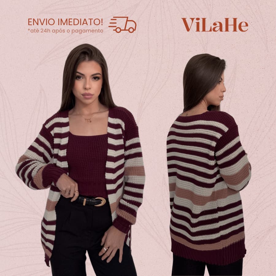 Conjunto Tricot Feminino Cardigan Cropped Listrado Inverno Elegante Confortável Moda Tendência