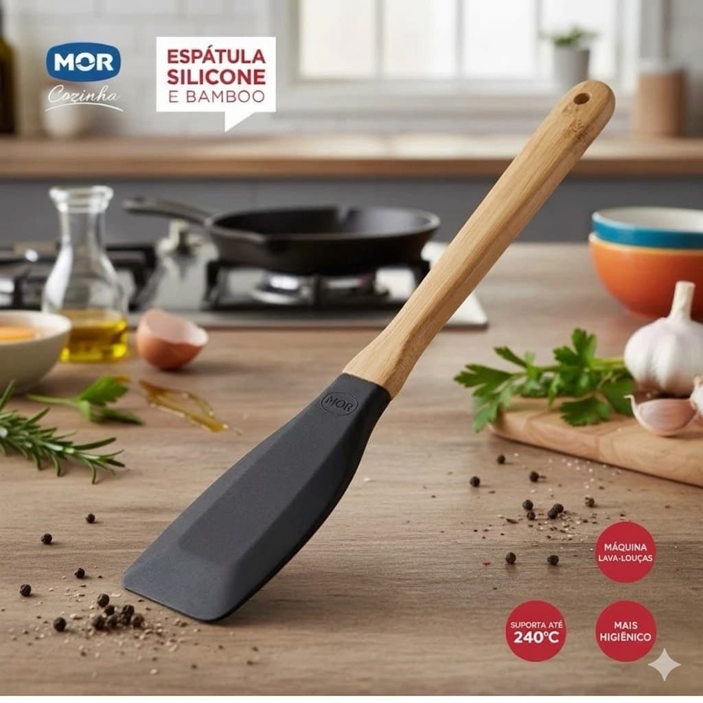 Espátula de Silicone Premium Cabo de Bambu Mor Original Profissional - Não Risca Panela - Resistente