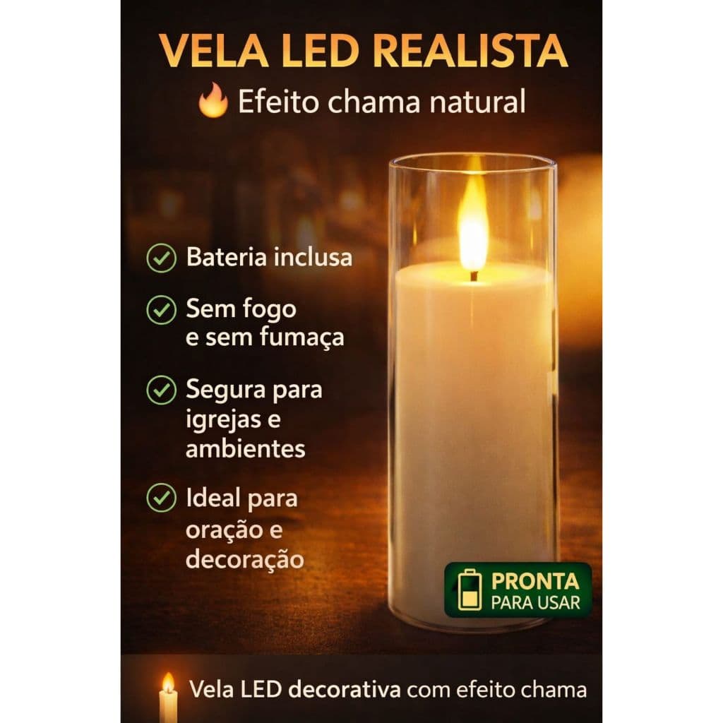 Vela Led Lâmpada Eletrônica Decoração Enfeite Oração Linda 15cm Iluminação Chama Amarela Artificial Bateria Inclusa
