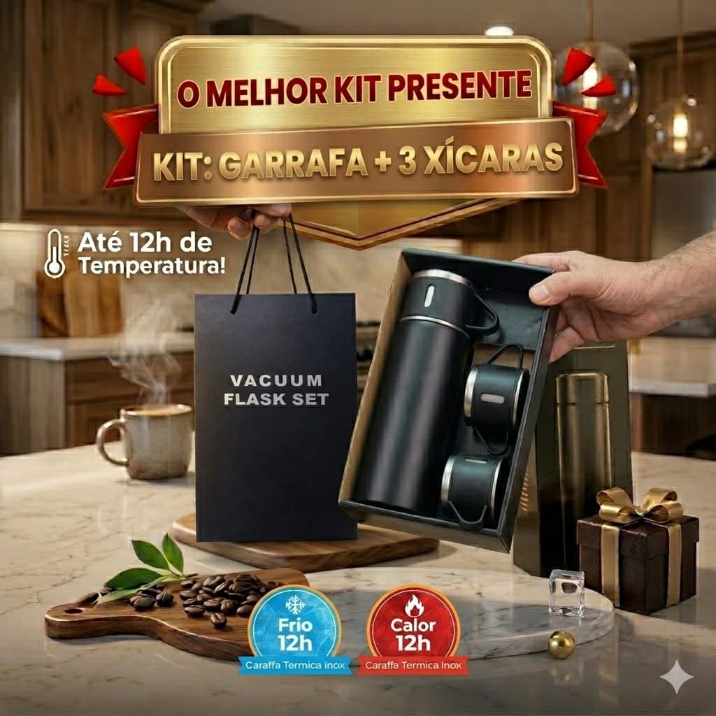 🔥 Garrafa Térmica Inox 500ml + 2 Xícaras | Mantém Quente e Frio por até 12h ❄️