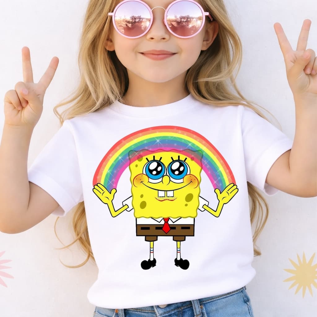 Camiseta Infantil Menina Bob Esponja Mágia do Arco Iris Amizade Blusa em Algodão Premium Juvenil