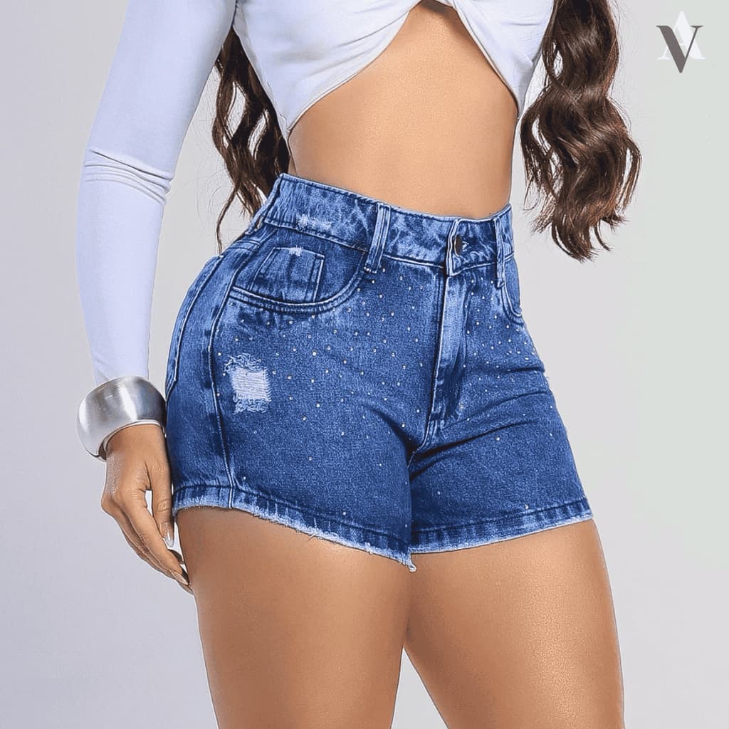 Short Jeans Feminino Rasgadinho Strass Brilho Cintura Alta Empina Bumbum 36 ao 46 plus size