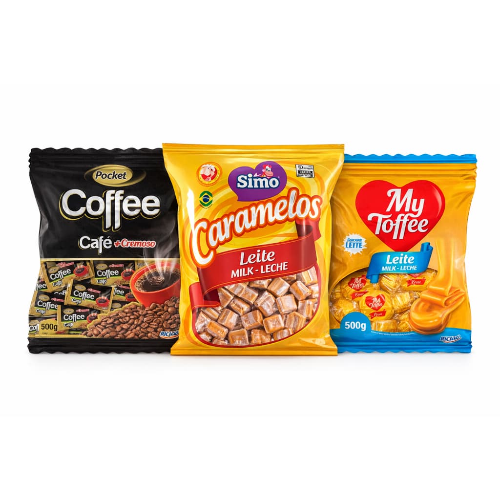 KIT 3 PCT DE BALAS POCKET CAFÉ 500G + CARAMELO 500G +MY TOFFE 500G- DELICIOSA QUALIDADE EM UM SÓ KIT