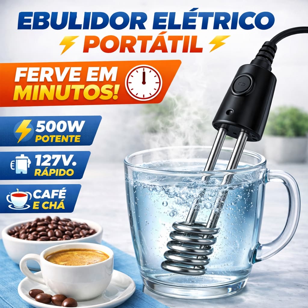 Ebulidor Elétrico Portátil 500W 127V Ferve Água Rápido Aquecedor de Imersão Café Chá