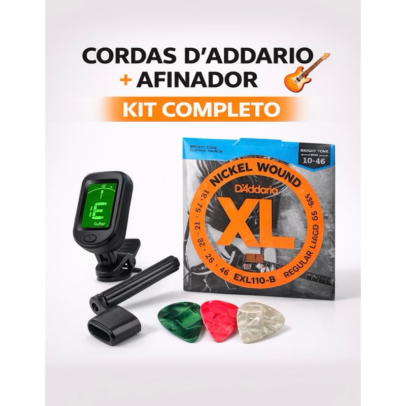 Promoção| Corda Guitarra D’Addario EXL110 + Afinador Clip + Acessórios Kit Completo
