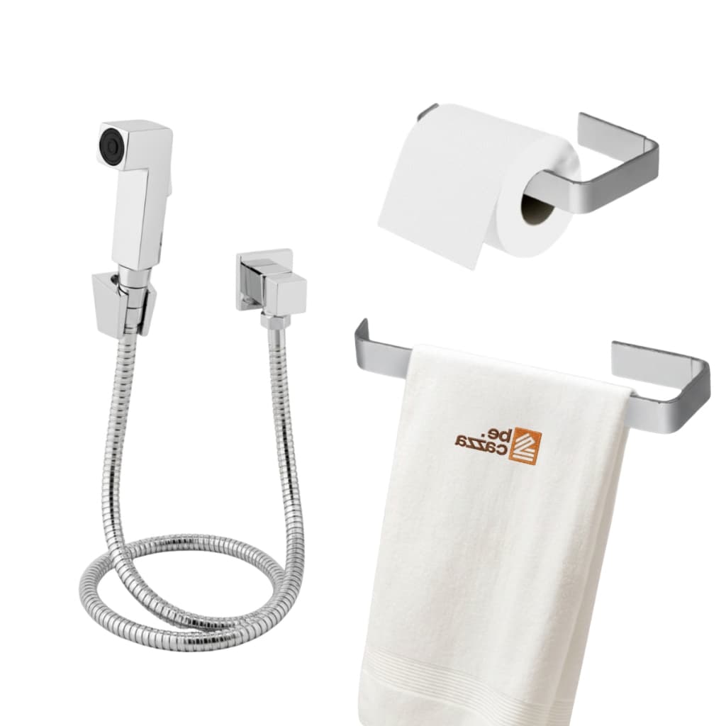 Kit Lavabo Completo Em Aço Inox Reforçado Cromado- Porta Toalhas, Ducha Higiênica e Papeleira