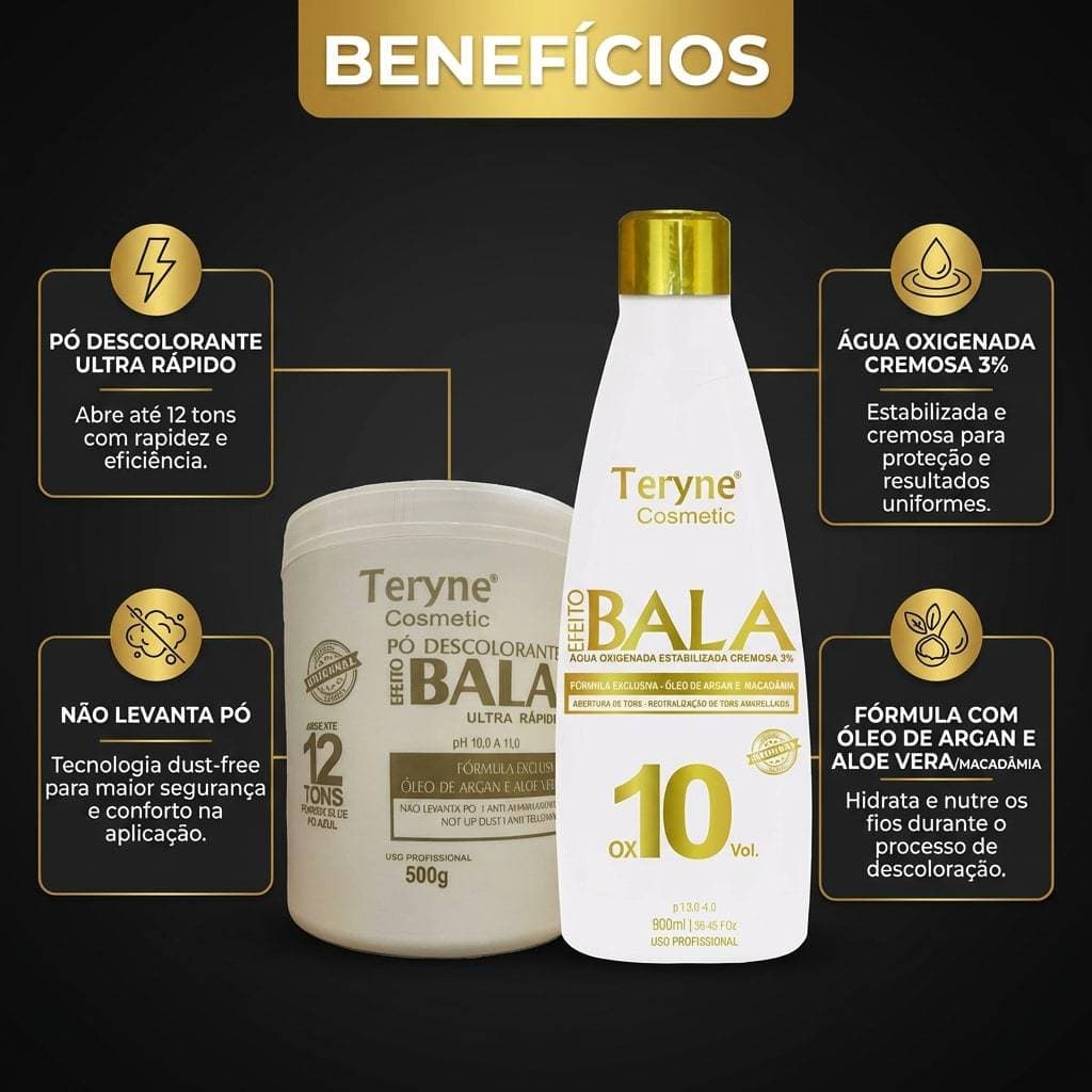 kit Pó bala original Descolorante Teryne + OX 10v Efeito Bala Ultra Rapido