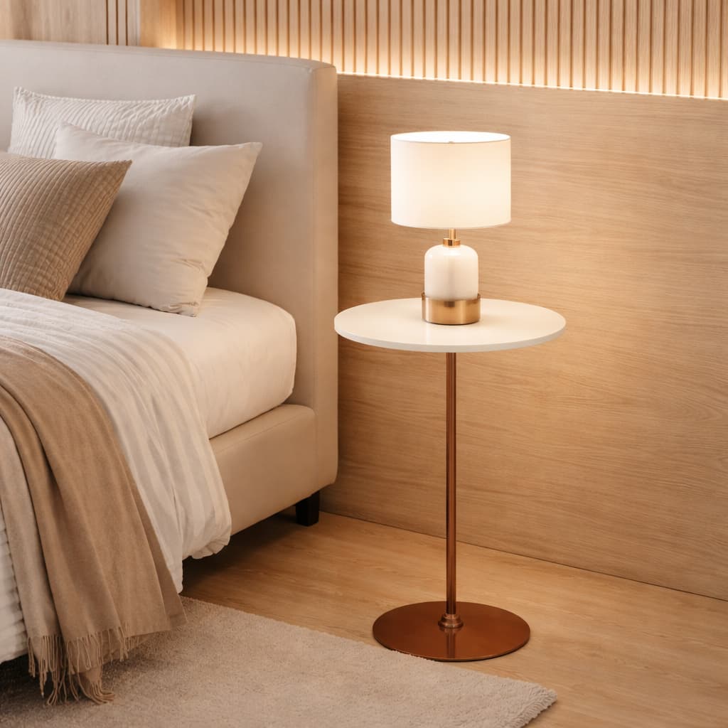 Mesinha de Cabeceira Estilo Industrial Moderna Base Cobre Rose Gold Apoio Cama Quarto Decorativa Decoração Elegante Luxo