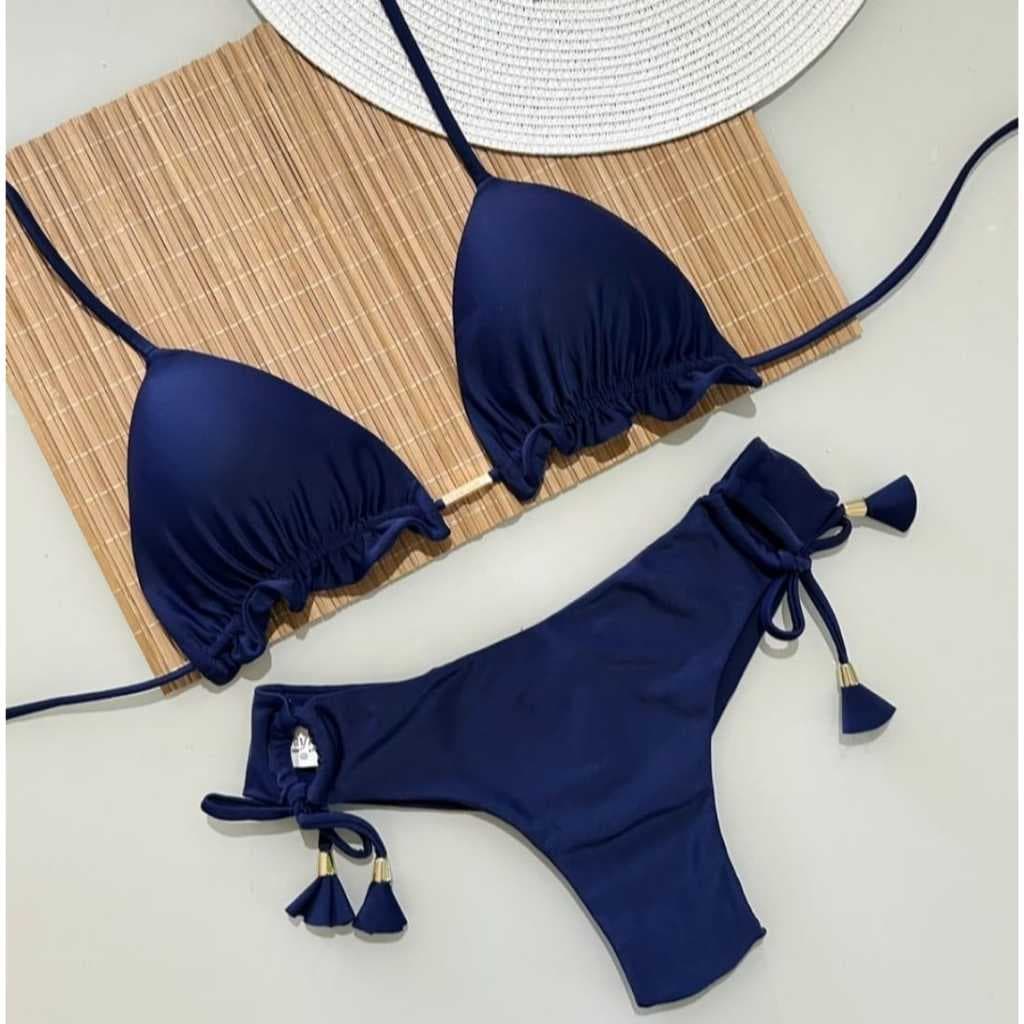 Biquini Cortininha Com Calcinha Fio Duplo, Azul Marinho