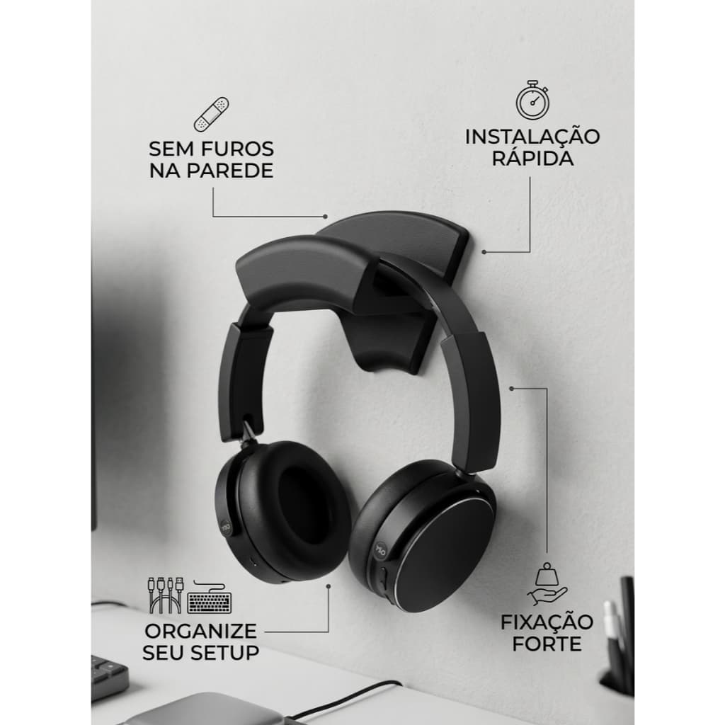 Suporte Headset Parede Sem Furo Forte Fixação – Ideal para Setup Gamer e Home Office