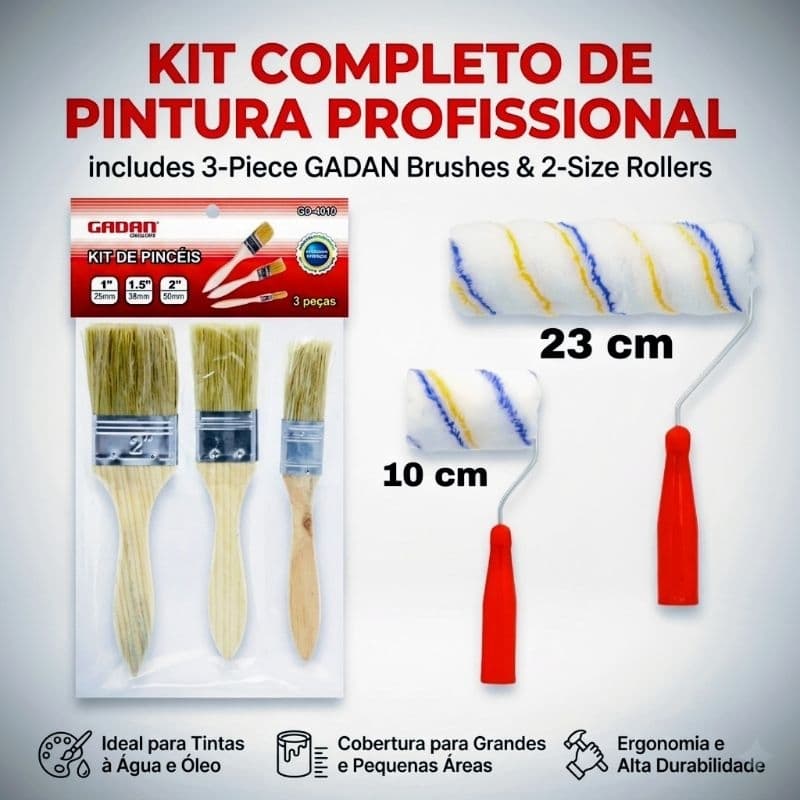 Kit Rolo Pintura 23, 10cm Kit Pincéis 3pç 1", 1.5", 2"