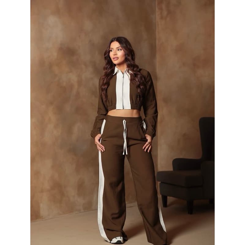 Conjunto Feminino Jaqueta Cropped Zíper Gola Camisa + Calça Pantalona Listra Lateral No Tecido Sensorial Tendência 2026