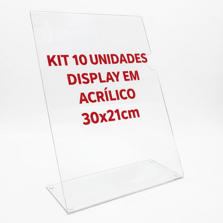 Kit 10 Display Placa Em Acrílico A4 Em L Transparente Porta Aviso Mesa Balcão - 30x21cm
