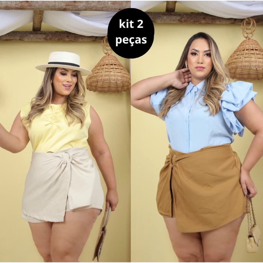 KIT 2 Short Saia Pus Size Feminino Cintura Alta Confortável Atemporal Alfaitaria Versátil