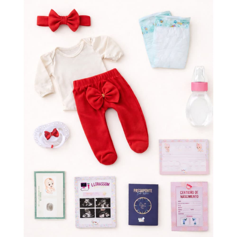 Kit Completo Bebê Reborn com Roupa, Mamadeira, Chupeta e Documentos