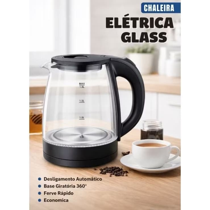 Chaleira Elétrica de Vidro 1,8 Litros 220Volts LED Ferve Rápido Desligamento Automático Base 360°