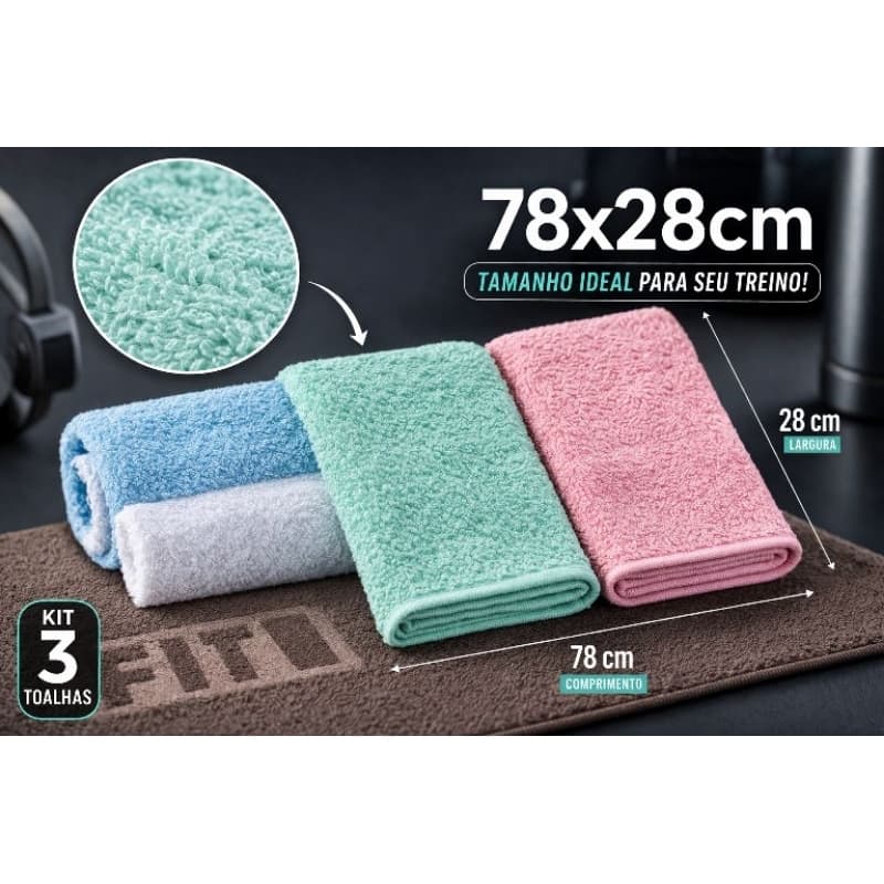 kit 3 Toalhas de Academia Treino Lavabo Grande Esporte 100% Algodão | Macia, Absorvente e Confortável