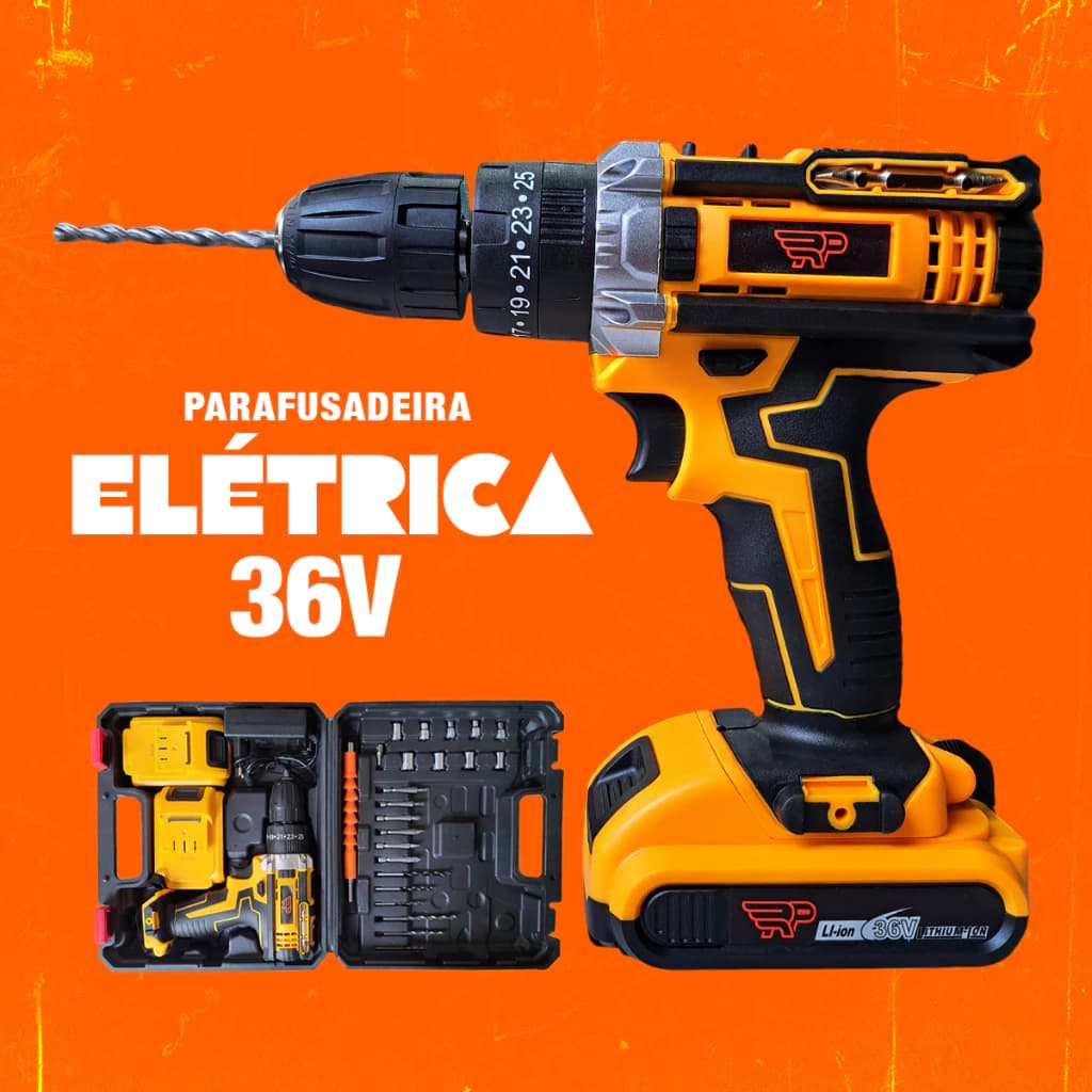 Furadeira Parafusadeira Sem Fio 36V com 2 Baterias Recarregáveis, Bivolt, Kit Completo com Maleta