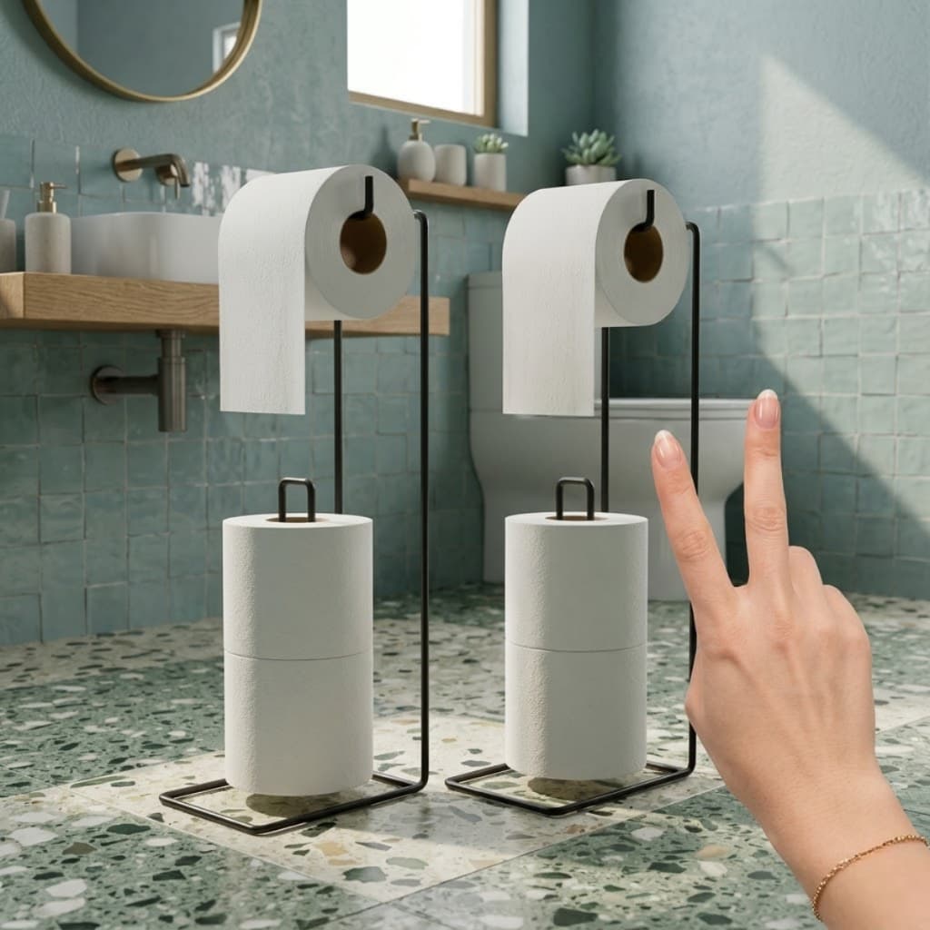 Conjunto Suporte Chão Banheiro Aramado Porta de Papel Reserva 3 Rolos 2 Unidades Em Aço Sanitário