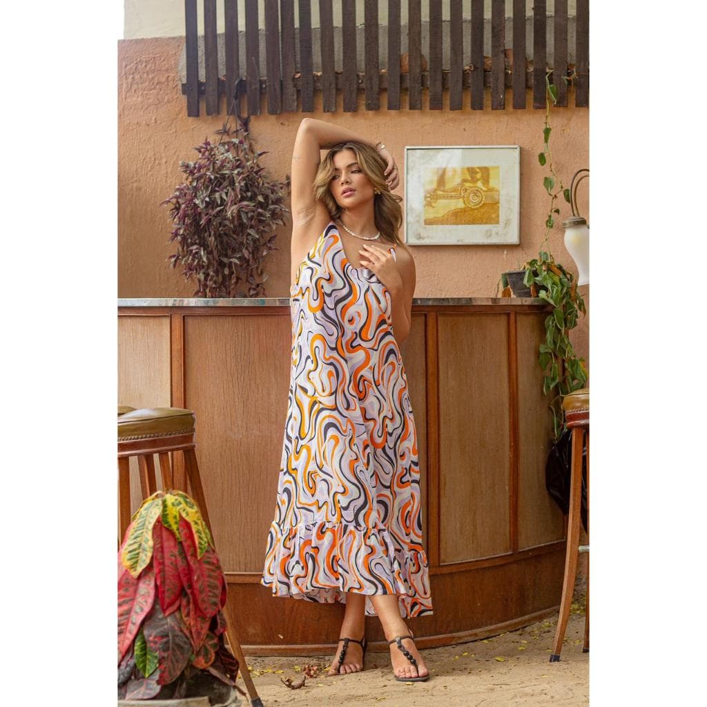 Vestido Midi Estampado Soltinho Feminino, Alça Fina, Babado na Barra, Look Verão Casual Elegante