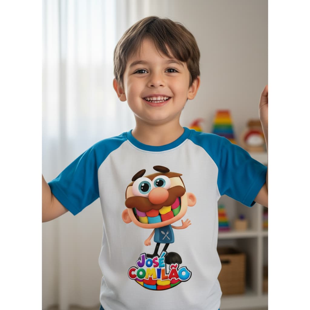Camiseta Infantil José comilão Pronta Entrega Raglan Azul 2 ao 12
