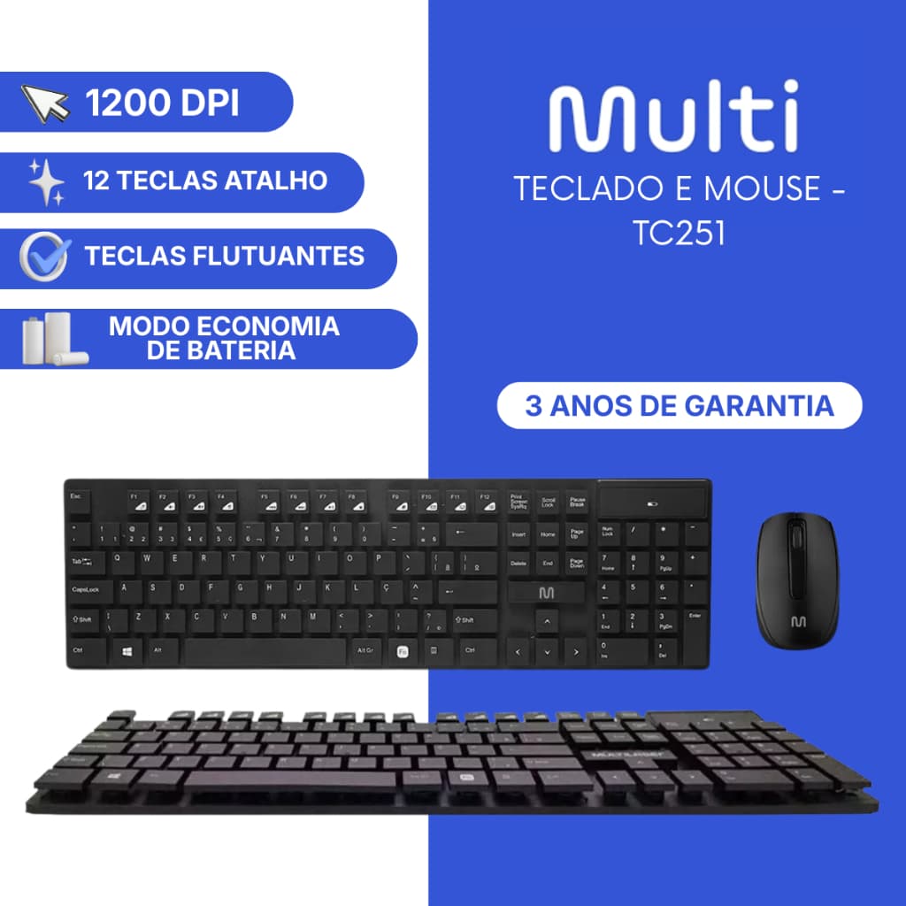 Kit Teclado e Mouse Sem Fio Ergonômico 1200 DPI Original Multilaser 2.4GHz Teclas Macias * ENVIO NO MESMO DIA UTIL *
