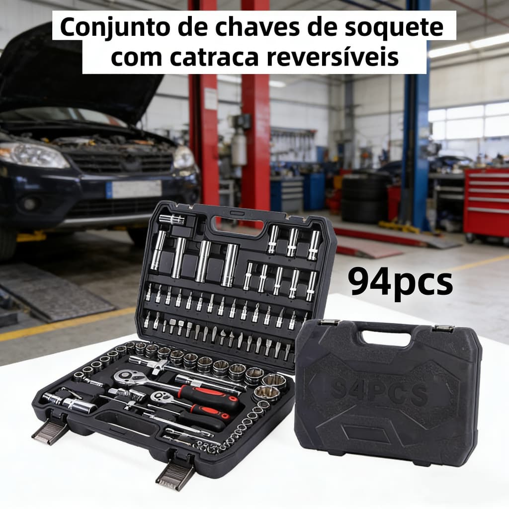 Kit Jogo De Chaves Catraca Soquete Reversível Com 94 Peças