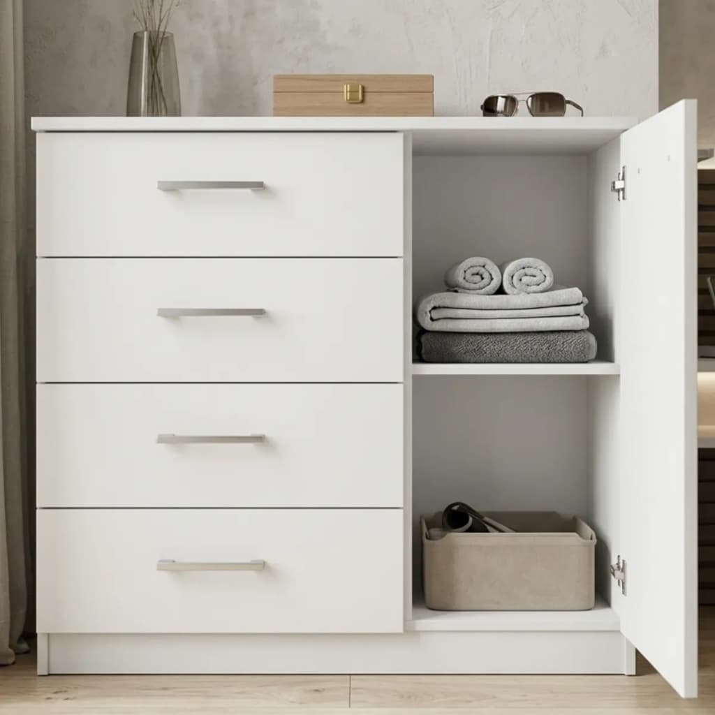 Cômoda 4 Gavetas 1 Porta Branca Multiuso Organizador Quarto Sala Moderna