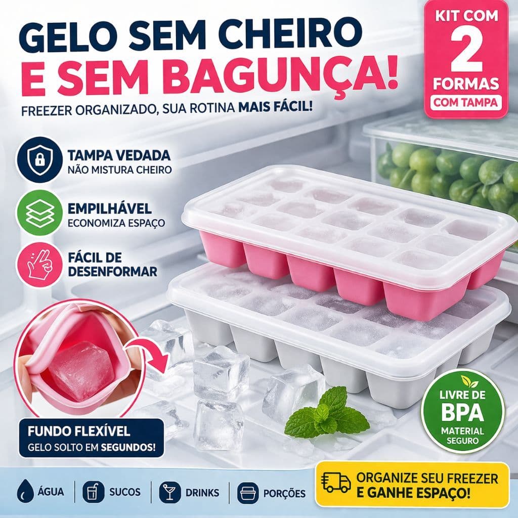 Forma de Gelo com Tampa Silicone Não Mistura Cheiro Freezer Organizado 14 Cavidades Empilhável