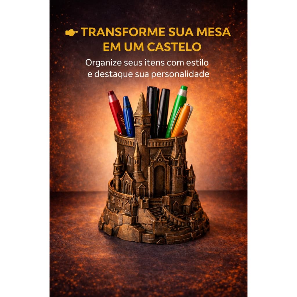 Porta Canetas Castelo Medieval | Organizador de Mesa Decorativo | Porta Lápis Estilo Fantasia