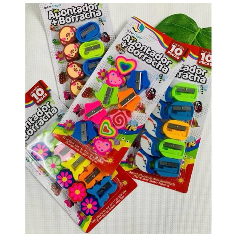 KIT PAPELARIA COLORIDO E DIVERTIDO – 10 PEÇAS APONTADOR E BORRACHA