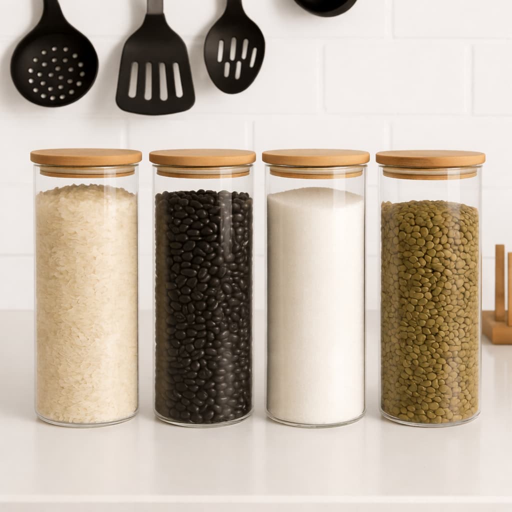 Conjunto 3 Potes Herméticos Com 750ml De Vidro Redondo Tampa De Bambu Mantimentos Tempero Alimento