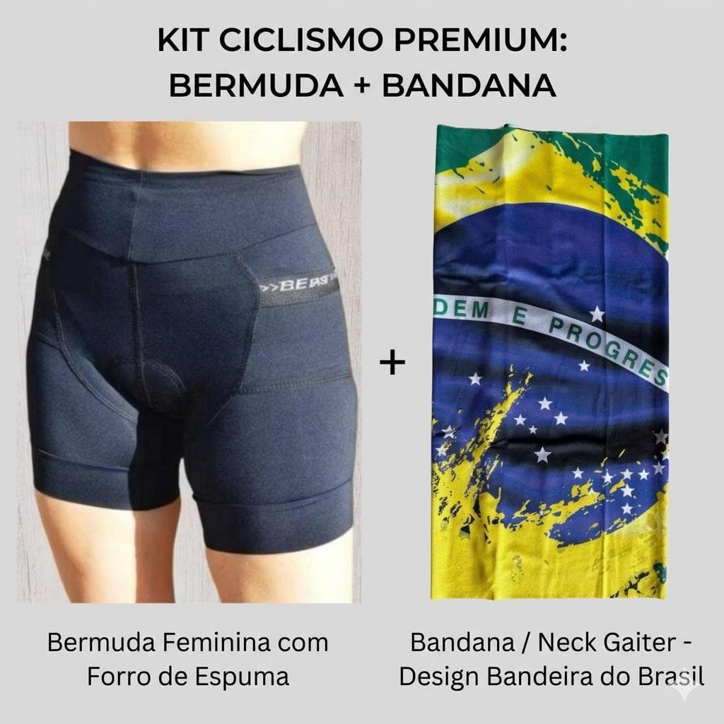 Bermuda ciclismo Feminina Espuma + Bandana Brasil Be Fast Reforçada Acolchoada