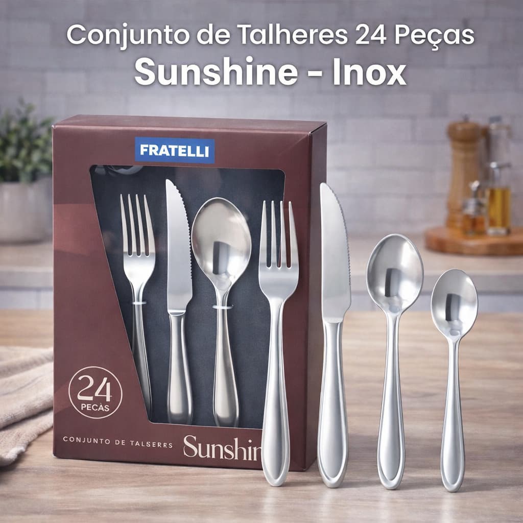 Kit Talheres 24 Peças Inox Sunshine – Conjunto Completo Resistente Brilho Premium