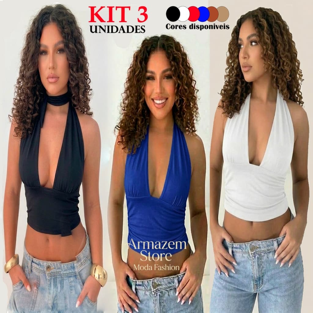 Kit 3 Blusa Cropped Feminino Top Com Amarraçao Multiformas Decote Forrado Festa Premium Decotado Suplex Slim Sustentação