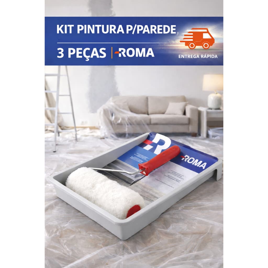 Kit Pintura Roma 3Peças Bandeja Cabo Rolo de Pintura 23Cm