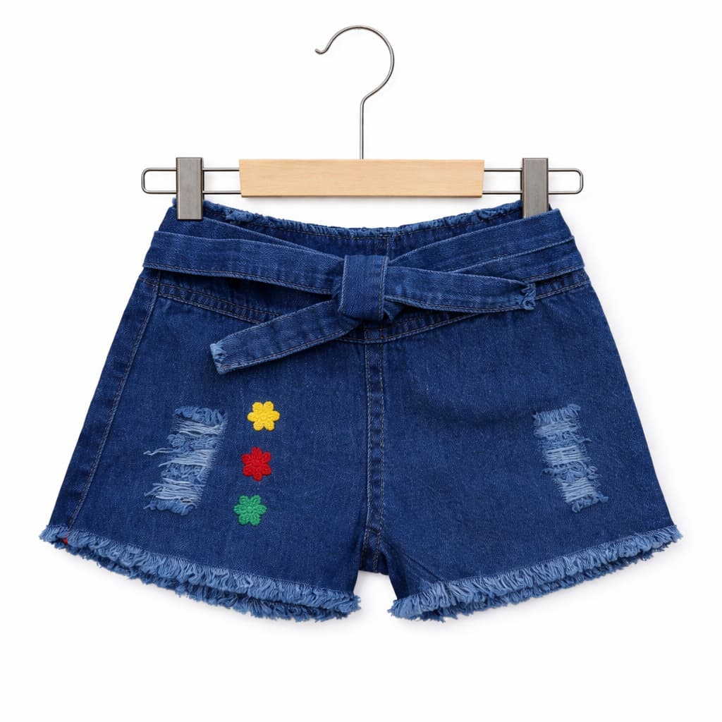 Short Jeans Infantil Feminino com Cinto e Bordado Floral – Estilo e Conforto