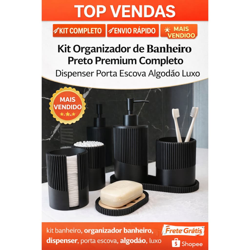 Kit Organizador de Banheiro Preto Premium Completo Dispenser Porta Escova Algodão Luxo