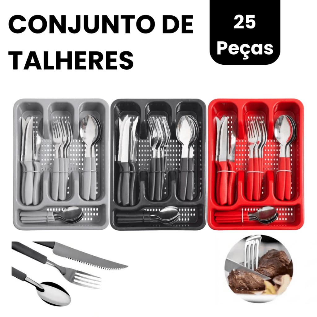 Jogo 25 Peças Faqueiro Inox Conjunto De Talheres Com Gaveteiro Porta Talheres