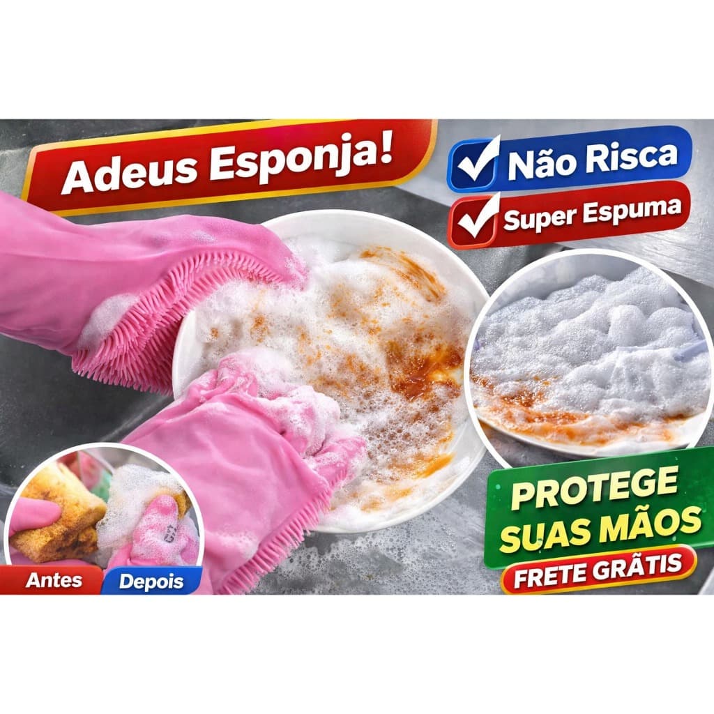 Luva Lava Louça Silicone Anti-Gordura 🧼 Não Risca + Super Espuma | Limpeza Rápida e Proteção Total