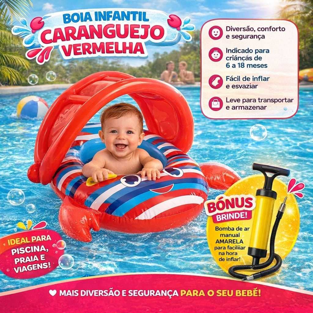 Bote-Boia Infantil com Bomba Bebe Caranguejo Vermelho Fralda Inflavel Piscina Praia Protecao Solar