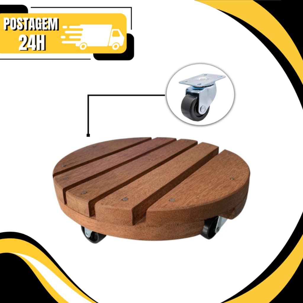 Suporte Para Vaso De Planta Rodízio De Madeira Com Rodinhas Roda De Silicone Redondo 20cm - Promoção