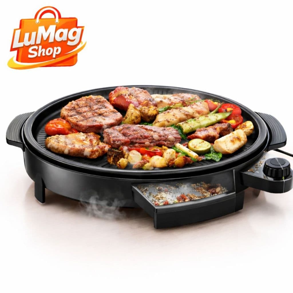 Grill Elétrico Redondo Grelha de 25,5cm 1200W Antiaderente Termostato Churrasqueira 127V Preta