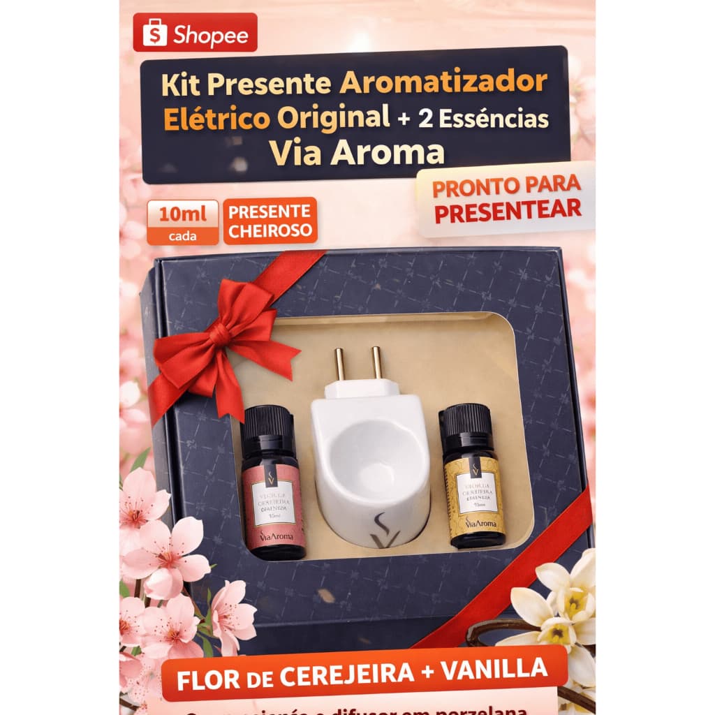 Kit Aromatizador Elétrico Via Aroma + 2 Essências 10ml (Vanilla + Flor de Cerejeira) Difusor Original Porcelana Presente