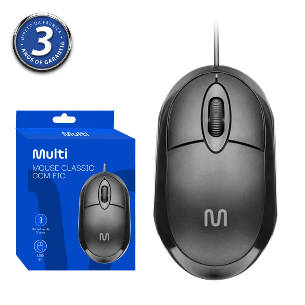 Mouse Com Fio Classic Classico Robusto Custo Beneficio 1200DPI Preto Multi (Multilaser) - MO300  *ENVIO NO MESMO DIA UTI