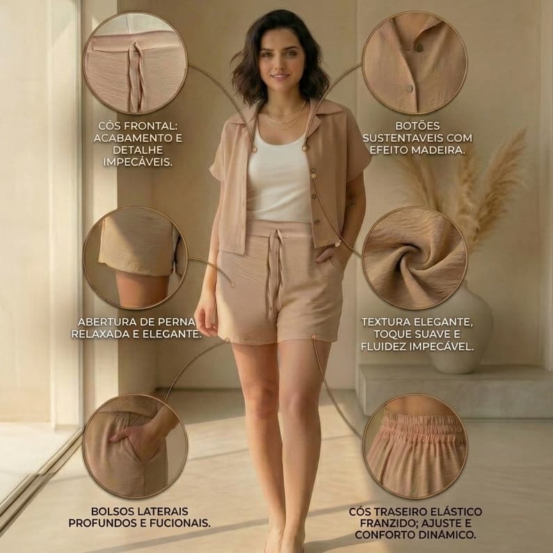 Conjunto Casual Feminino Short e Blusa Manga Curta Tecido Duna Não Amassa - Fresquinho Elegante