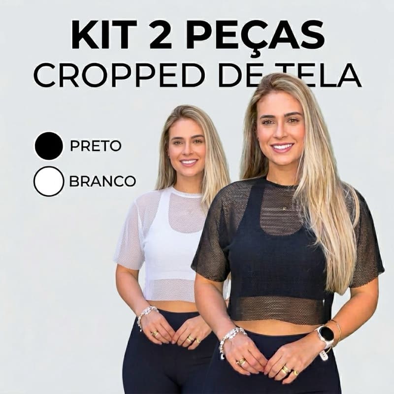 KIT 2 CROPPED BLUSA FEMININA TELA TULE ARRASTÃO TRANSPARENTE  ACADEMIA FITNESS TREINO SOBREPOSIÇÃO