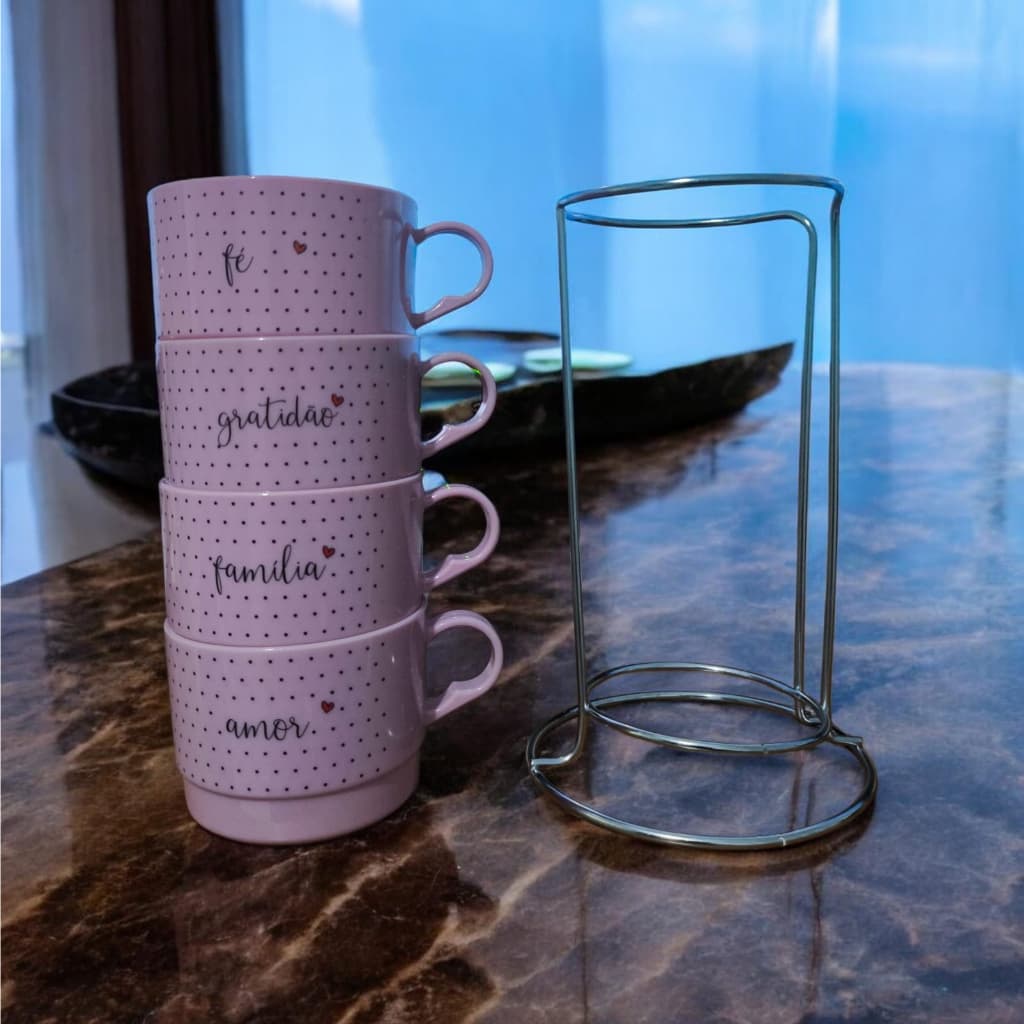 Conjunto com 4 Xícaras de Acrílico Frases 200 ml Empilhavél com Suporte